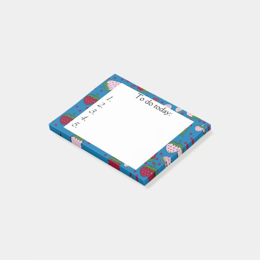 Rood en roze aardbeien op Blauwe Post Post-it® Notes (Schuin)