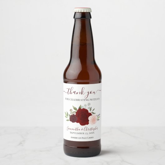 Rood en roze Elegant Boho Rozen Weddenschap Bedank Bier Etiket (Voorkant)
