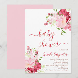 Rood en Roze Floral Baby shower Girl Invitation Kaart