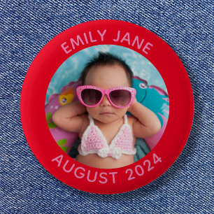 Rood en roze gepersonaliseerde ronde familiefoto button 5,7 cm