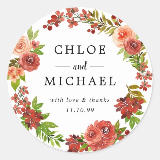 Rood en Roze Herfst Bruiloft Dank u Favor Seal Ronde Sticker (Voorkant)