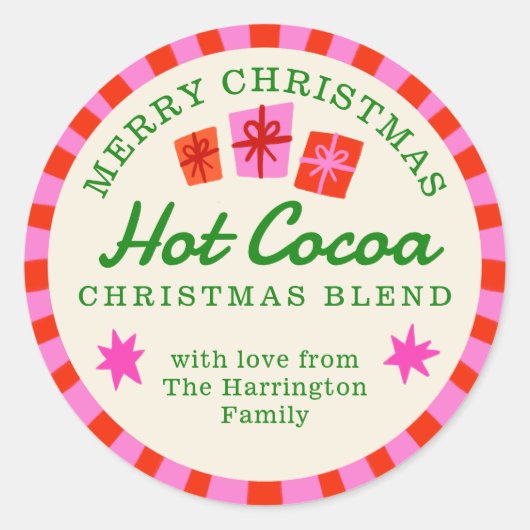 Rood en roze kerstcadeausticker met zwarte cacao ronde sticker (Voorkant)