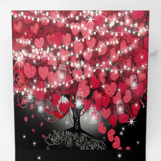 Rood- en roze lederboom op zwarte bruiloft drieluik uitnodiging (Binnenzijde eerst)