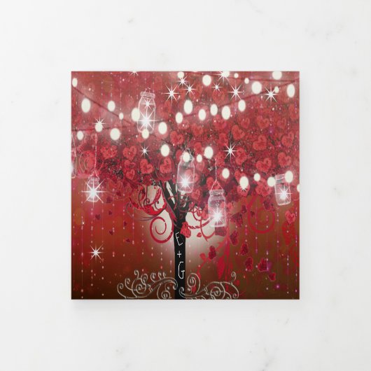 Rood- en roze lederboom op zwarte bruiloft drieluik uitnodiging (Cover)