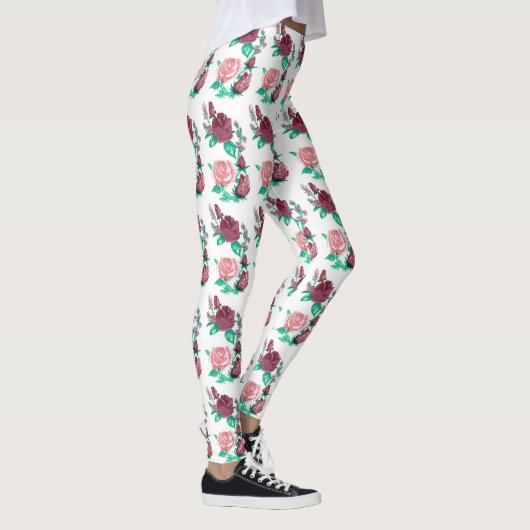 Rood en roze roze met groene bladeren Fancy waterk Leggings (Rechts)