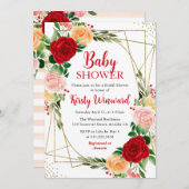 Rood en Roze Rozen & Goud Lijst Baby shower Kaart (Voorkant / Achterkant)
