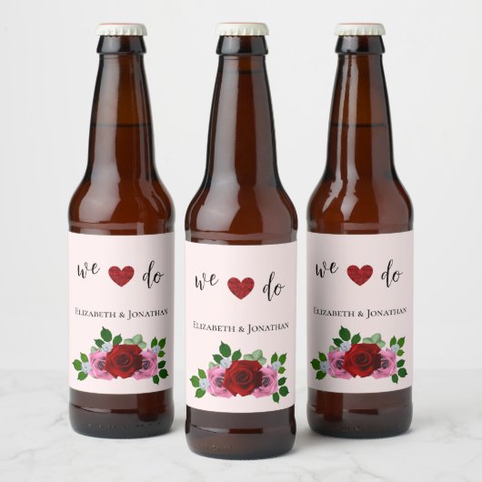 Rood- en roze rozenhuwelijk bier etiket (Flessen)