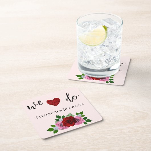 Rood- en roze rozenhuwelijk vierkante kartonnen onderzetter (Insitu)