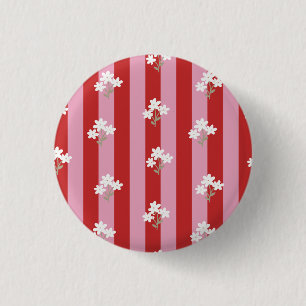 rood en roze streepdesign met witte bloemen ronde button 3,2 cm