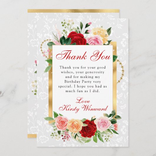 Rood en Sinaasappel Rozen Bloemen Goudfolie Verjaa Bedankkaart (Voorkant / Achterkant)