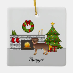 Rood- en Tan-rottweiler in een kerstzaal Keramisch Ornament