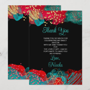 Rood en Teal Blauwe Alcohol Inkt Sweet Sixteen Bedankkaart