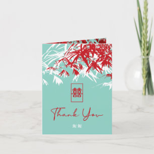Rood en Turquoise Bamboo trekt Chinees huwelijk da Bedankkaart