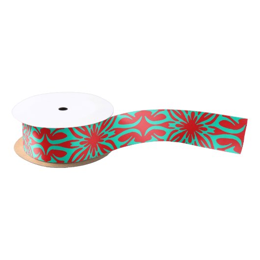 Rood en turquoise bloemmotief lint (Spoel)