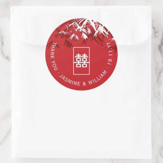 Rood en wit bamboe lekt Modern Zen Asian Wedding Ronde Sticker (Tas)