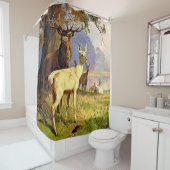 Rood en wit bier nabij een boshond douchegordijn (In situ)