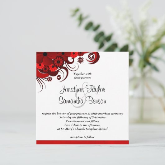 Rood en Wit Bloemen Aangepaste Bruiloft Uitnodigin Kaart (Staand voorkant)