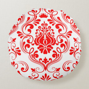 Rood en Wit Damask Floral Elegant Patroon Rond Kussen