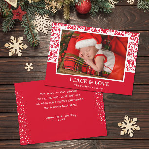 Rood en wit Damask kerstfoto Kaart