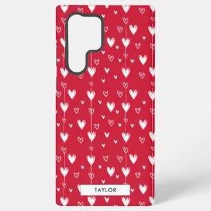 Rood en Wit Doodle Heart Patroon Monogram Naam Samsung Galaxy Hoesje
