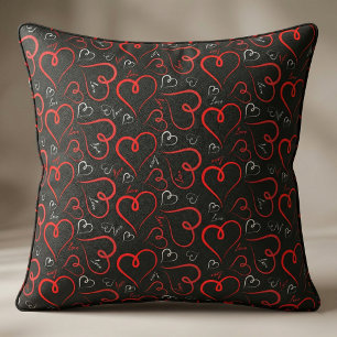 Rood en wit Doodle Hearts Love Script op Black Stof