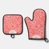 Rood en Wit Elegant Paisley Pattern Ovenwant & Pannenlap Set (Voorkant)