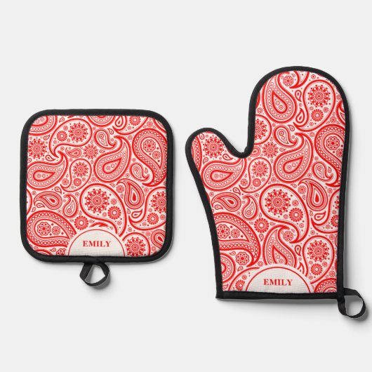 Rood en Wit Elegant Paisley Pattern Ovenwant & Pannenlap Set (Voorkant)
