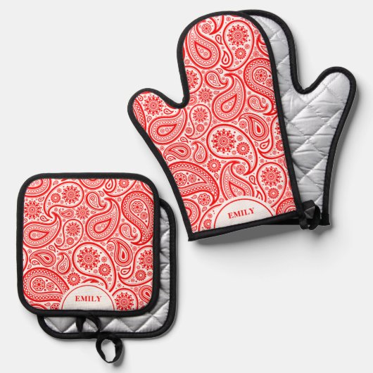 Rood en Wit Elegant Paisley Pattern Ovenwant & Pannenlap Set (Voorkant / Achterkant)