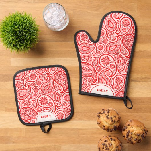 Rood en Wit Elegant Paisley Pattern Ovenwant & Pannenlap Set (Top down)