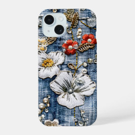 Rood en Wit Geborduurde Bloemen op Denim iPhone 15 Hoesje