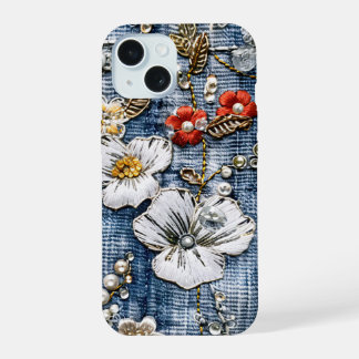 Rood en Wit Geborduurde Bloemen op Denim iPhone 15 Hoesje