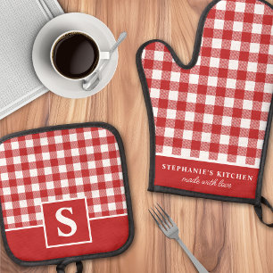 Rood en wit geruit geruit monogram ovenwant & pannenlap set