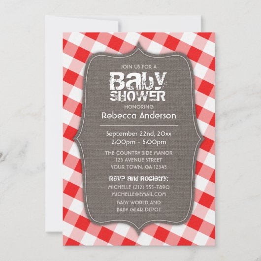 Rood en wit Gingham Canvas Baby Shower Invitaties Kaart (Voorkant)