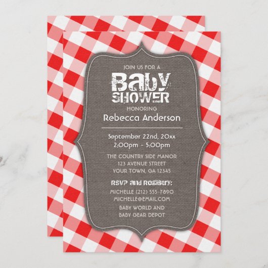 Rood en wit Gingham Canvas Baby Shower Invitaties Kaart (Voorkant / Achterkant)