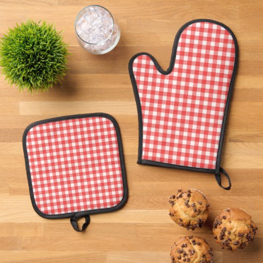Rood en Wit Gingham Gecontroleerd Ovenwant & Pannenlap Set (Top down)