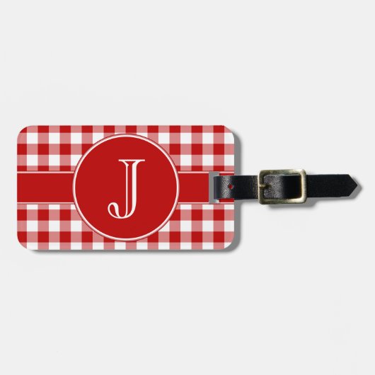 Rood en wit Gingham Monogrammed Bagagelabel (Voorkant horizontaal)
