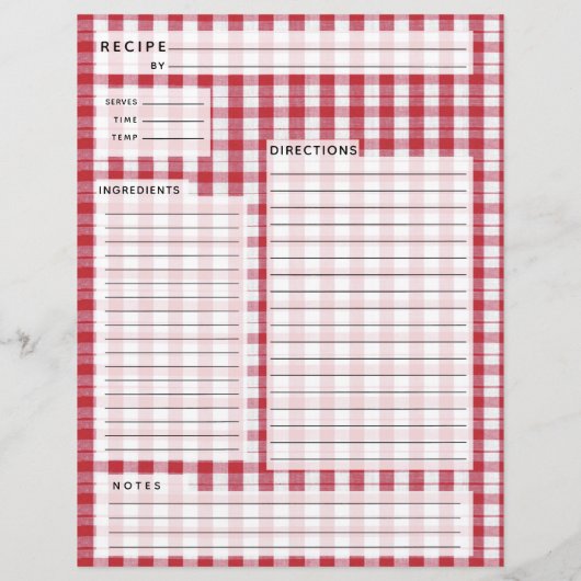 Rood en wit Gingham Recipe Invoegen (Achterkant)