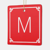 Rood en wit Grieks Key Border Monogram Foto Keramisch Ornament (Links)