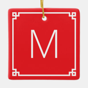 Rood en wit Grieks Key Border Monogram Foto Keramisch Ornament