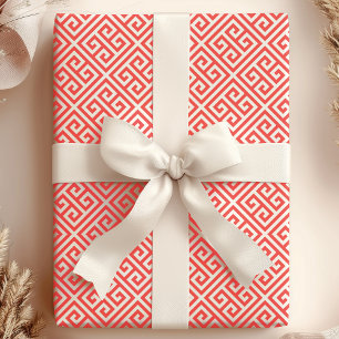Rood en wit Grieks Sleutel Doolhof Patroon Cadeaupapier
