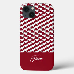 Rood en wit houndstooth patroon monogram iPhone 13 hoesje