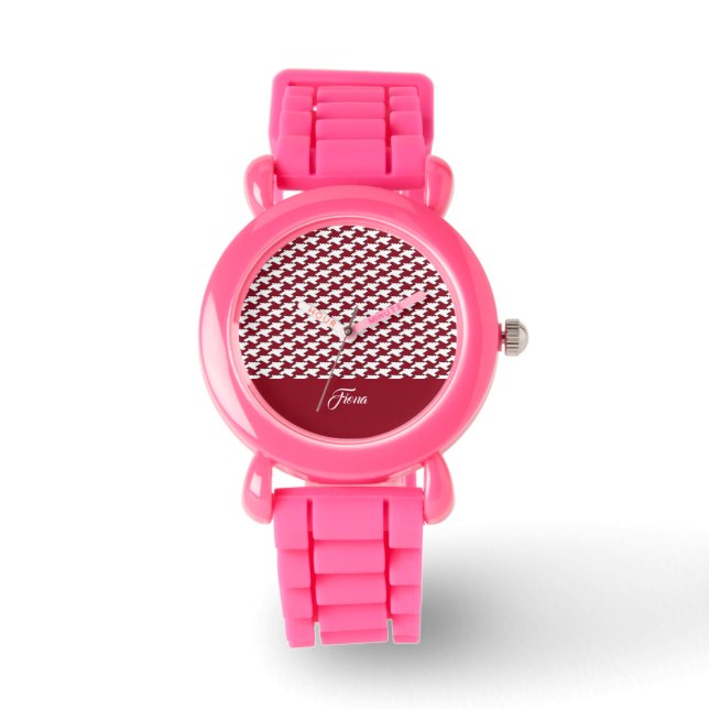 Rood en wit houndstooth patroon monogram horloge (Voorkant)