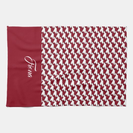 Rood en wit houndstooth patroon monogram theedoek (Horizontaal)
