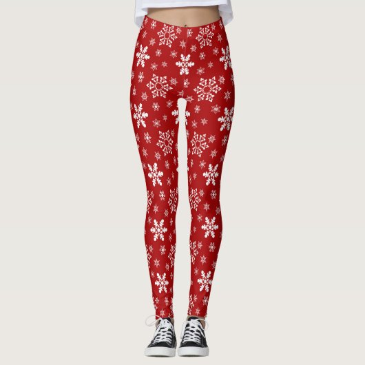Rood en wit kerstfeest Snowflake Patroon Leggings (Voorkant)