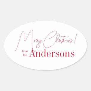 Rood en Wit Kerstfeest van Achternaam Ovale Sticker