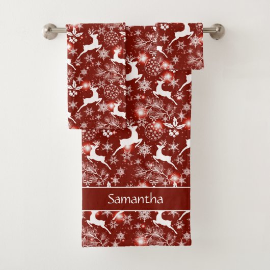 Rood en wit kerstpatroon met rendieren bad handdoek (Insitu)