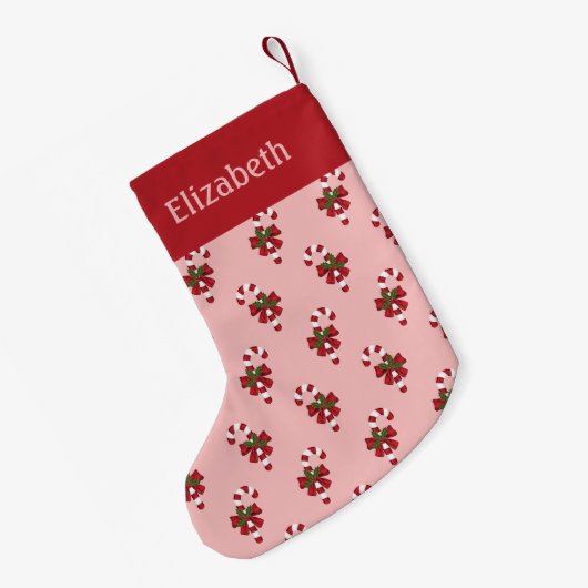 Rood en wit kerstsnoeppatroon op roze kleine kerstsok (Achterkant (Hangend))