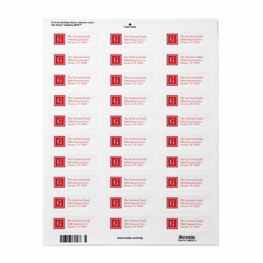 Rood en Wit Klassiek Vierkant Monogram Etiket (Full Sheet)