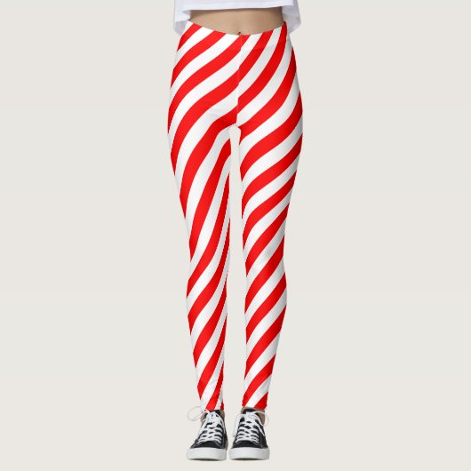 Rood en Wit Medium Size Diagonale Stripes Leggings (Voorkant)