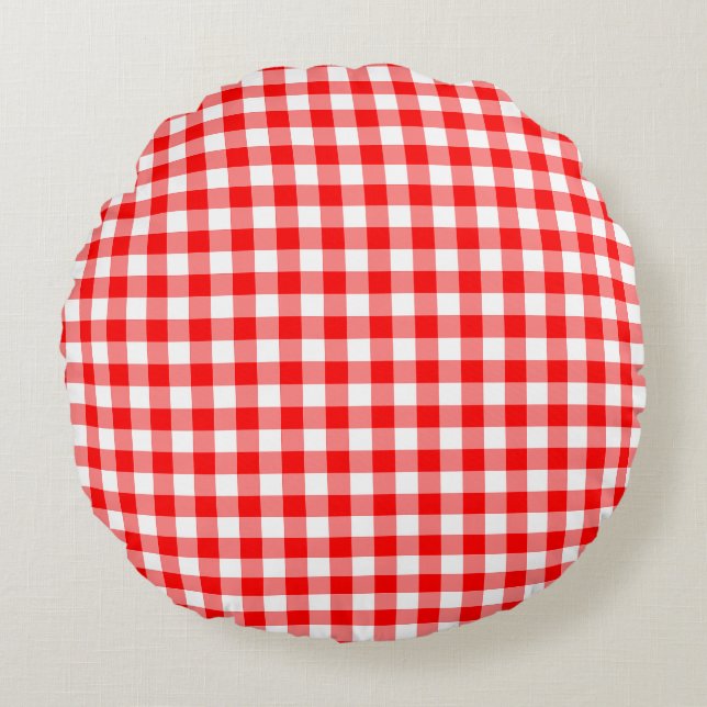 Rood en Wit Medium Size Gingham Checks Rond Kussen (Voorkant)